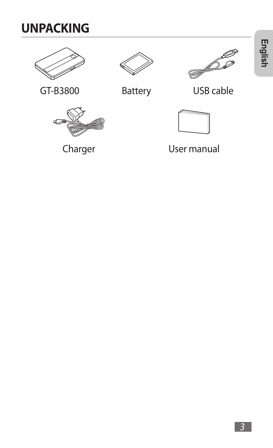 Unpacking | Samsung GT-B3800 User Manual | Page 5 / 140