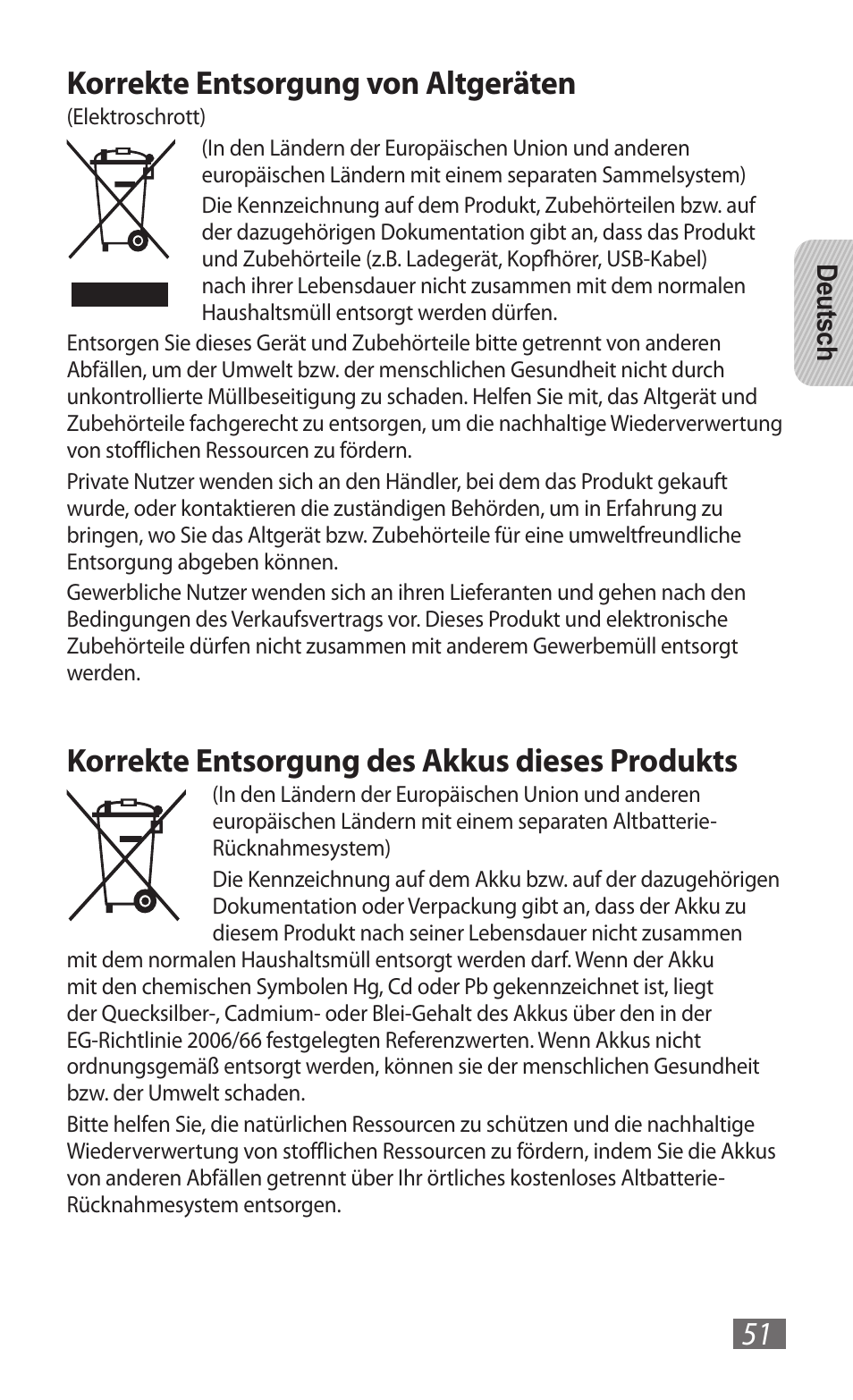 Korrekte entsorgung von altgeräten, Korrekte entsorgung des akkus dieses produkts | Samsung GT-B3800 User Manual | Page 53 / 140