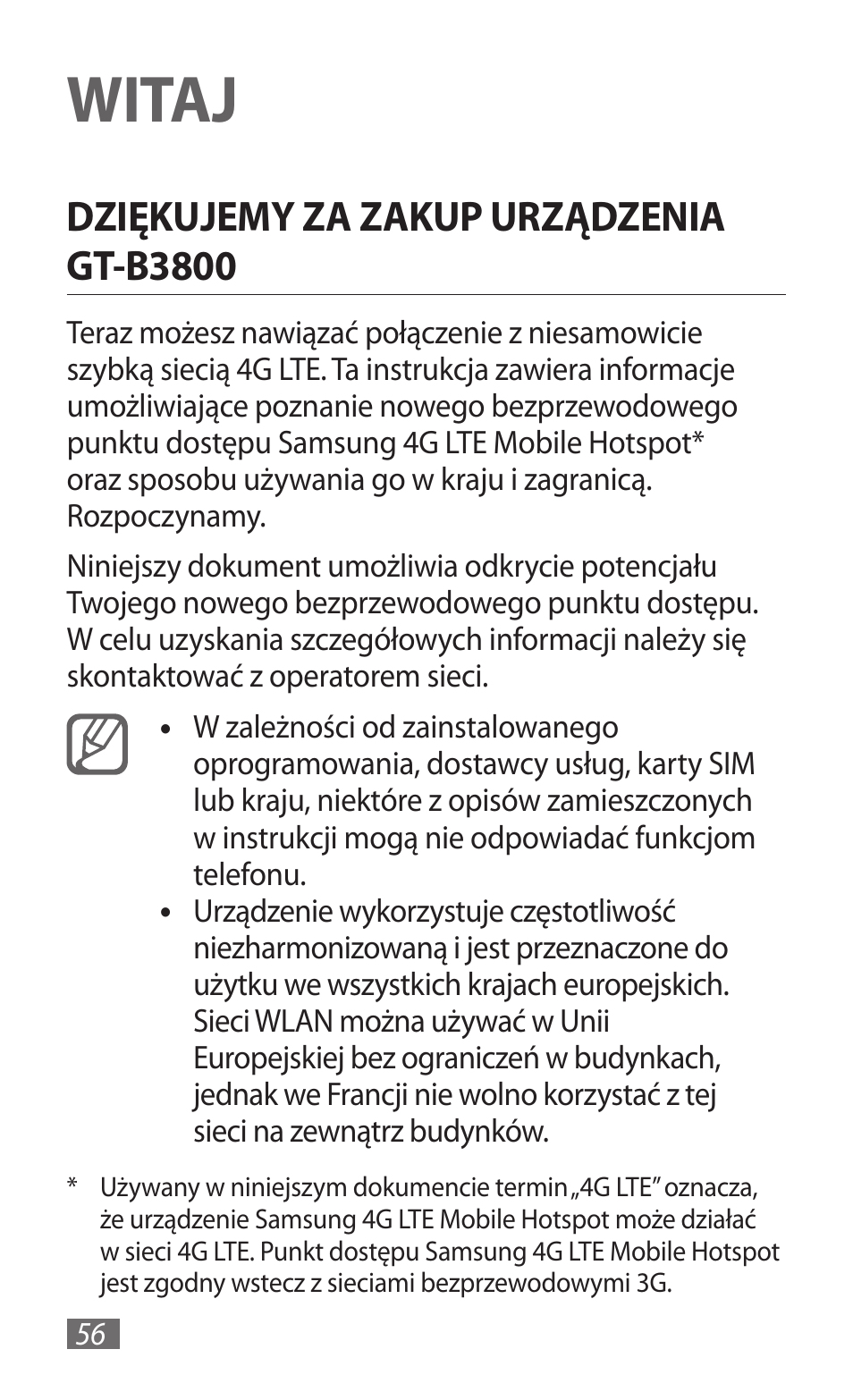 Witaj, Dziękujemy za zakup, Urządzenia gt-b3800 | Dziękujemy za zakup urządzenia gt-b3800 | Samsung GT-B3800 User Manual | Page 58 / 140