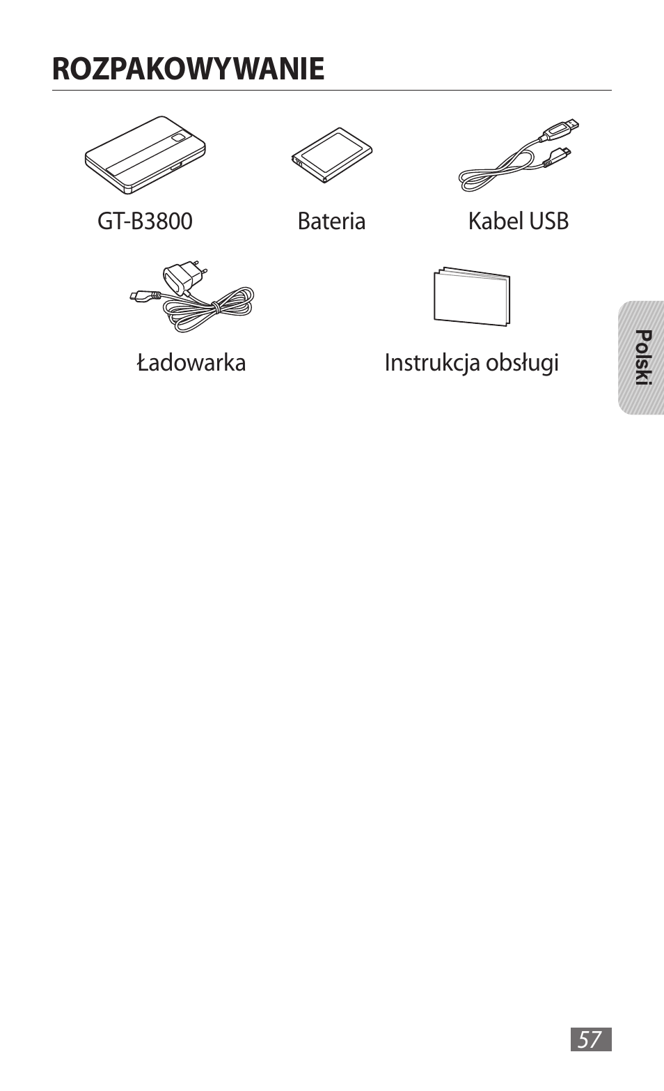Rozpakowywanie | Samsung GT-B3800 User Manual | Page 59 / 140