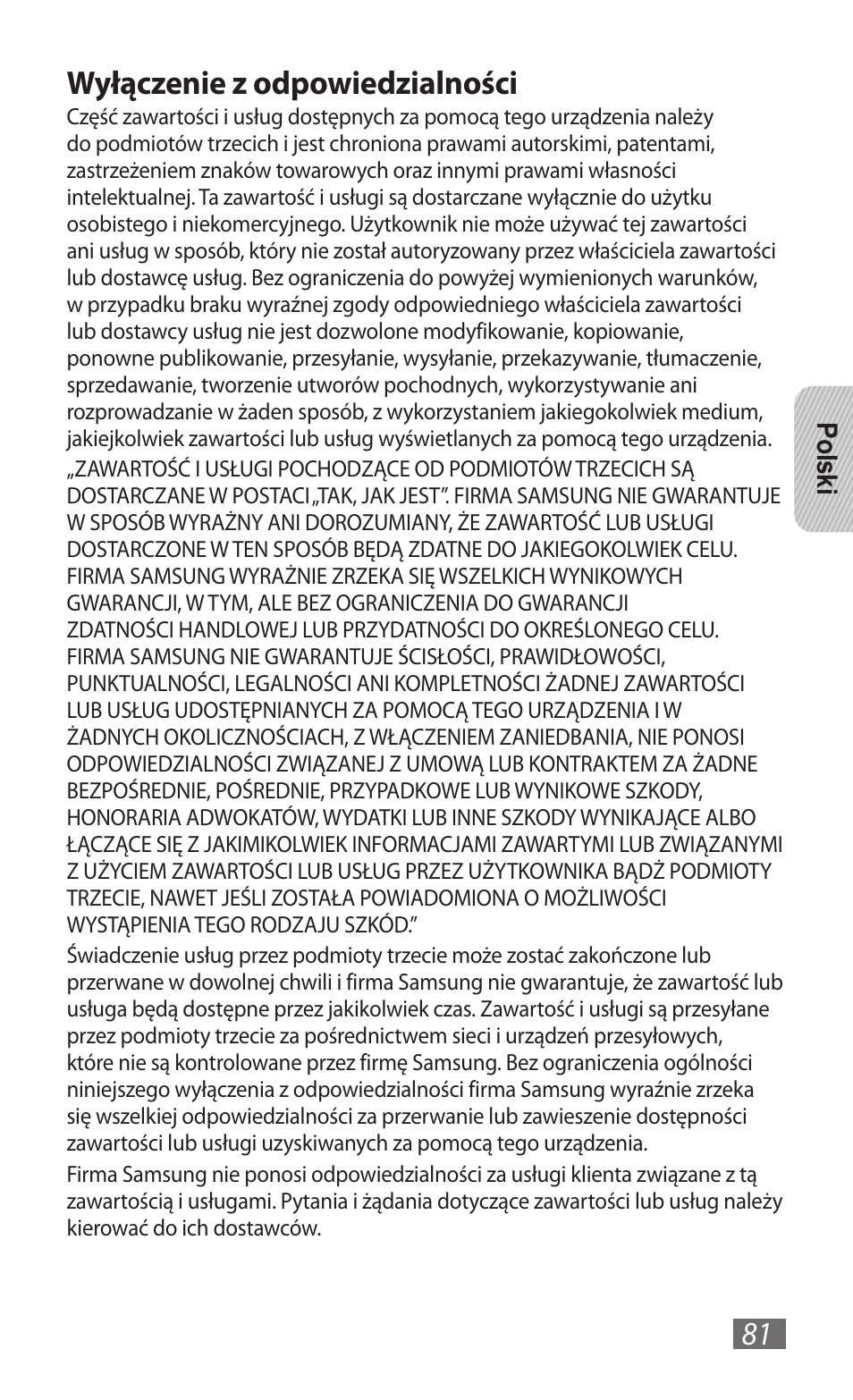 Wyłączenie z odpowiedzialności | Samsung GT-B3800 User Manual | Page 83 / 140
