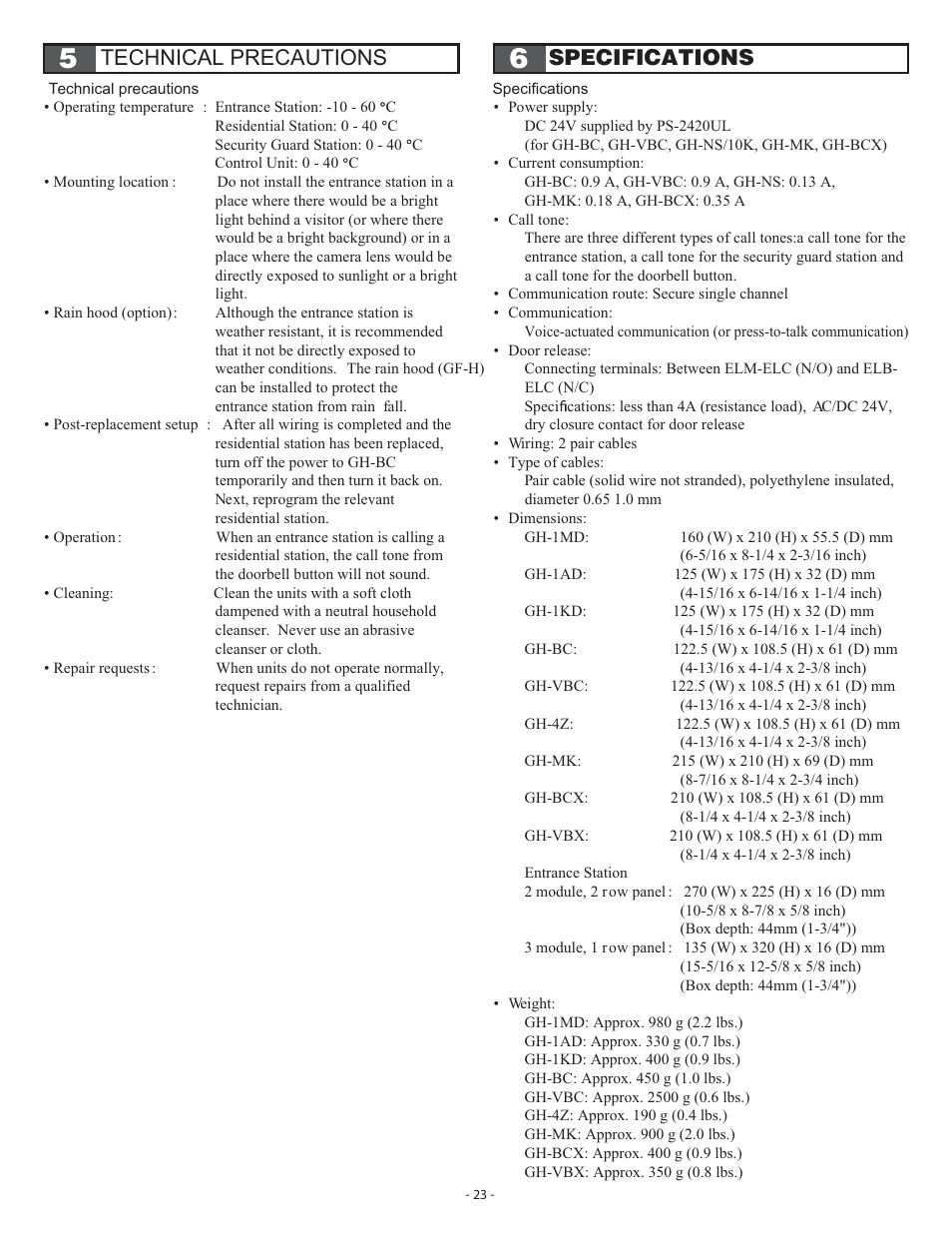 Technical precautions specifications | Aiphone GH SERIES 410 User Manual | Page 23 / 24