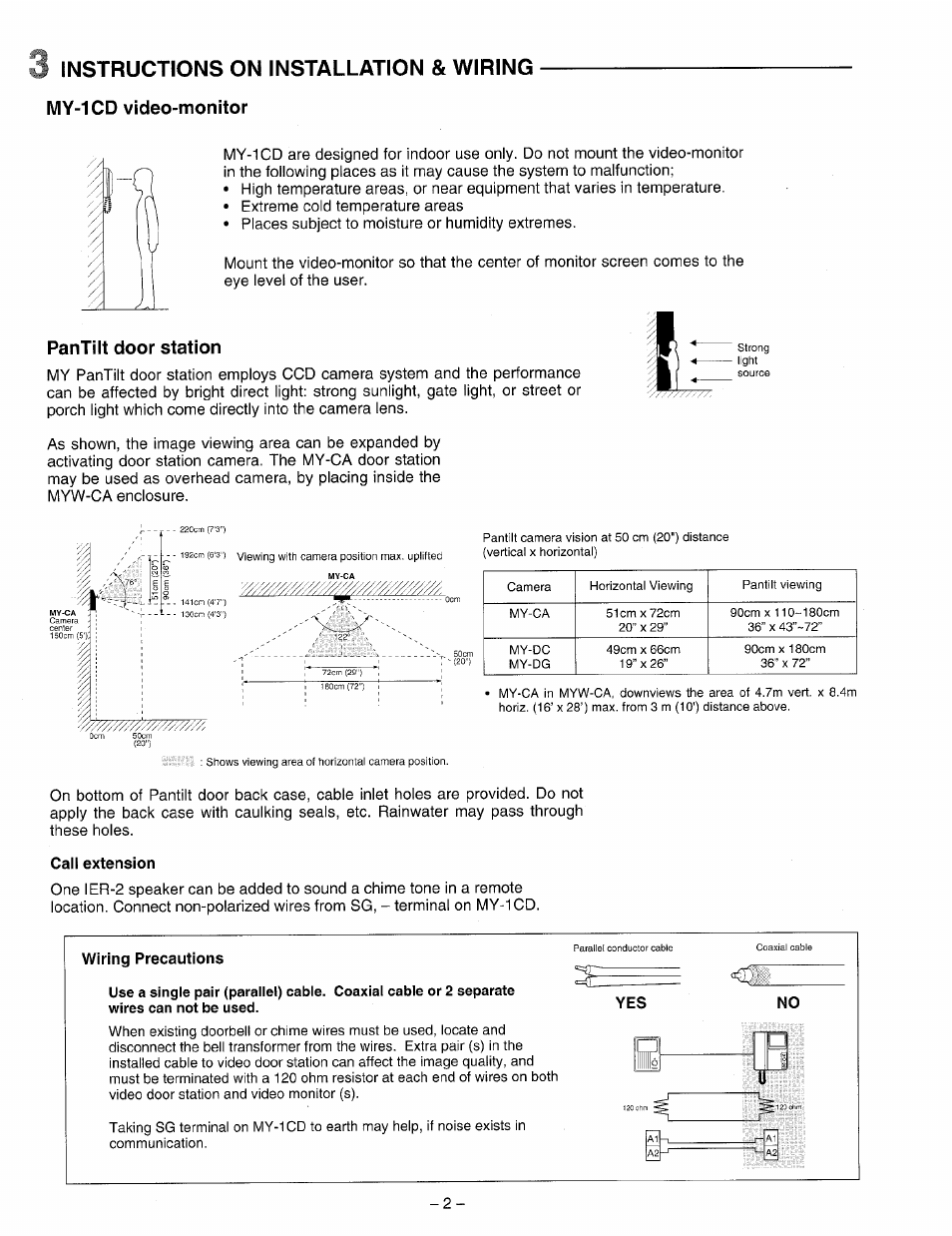 Call extension, Wiring precautions, 3 instructions on installation & wiring | My-1cd video-monitor, Pantilt door station | Aiphone VIDEO SENTRY PANTILT MY-1CD User Manual | Page 2 / 6