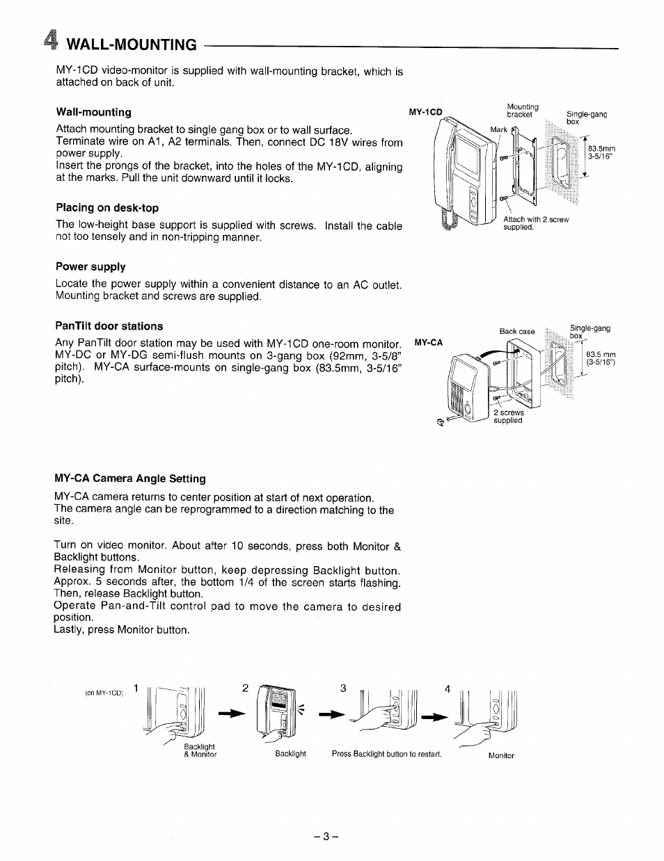 Wall-mounting, Placing on desk-top, Power supply | Pantilt door stations, My-ca camera angle setting | Aiphone VIDEO SENTRY PANTILT MY-1CD User Manual | Page 3 / 6