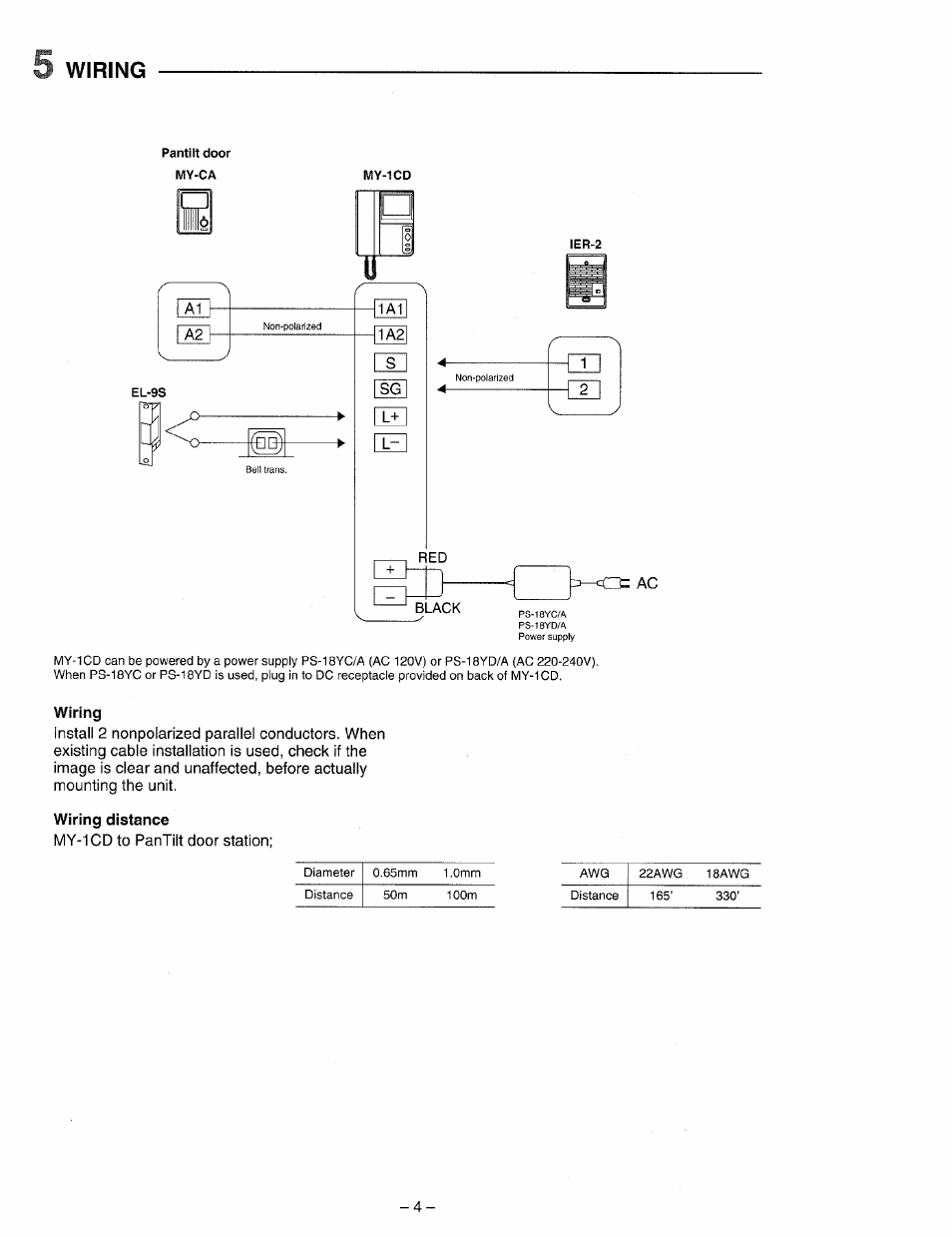 Wiring, Wiring distance | Aiphone VIDEO SENTRY PANTILT MY-1CD User Manual | Page 4 / 6