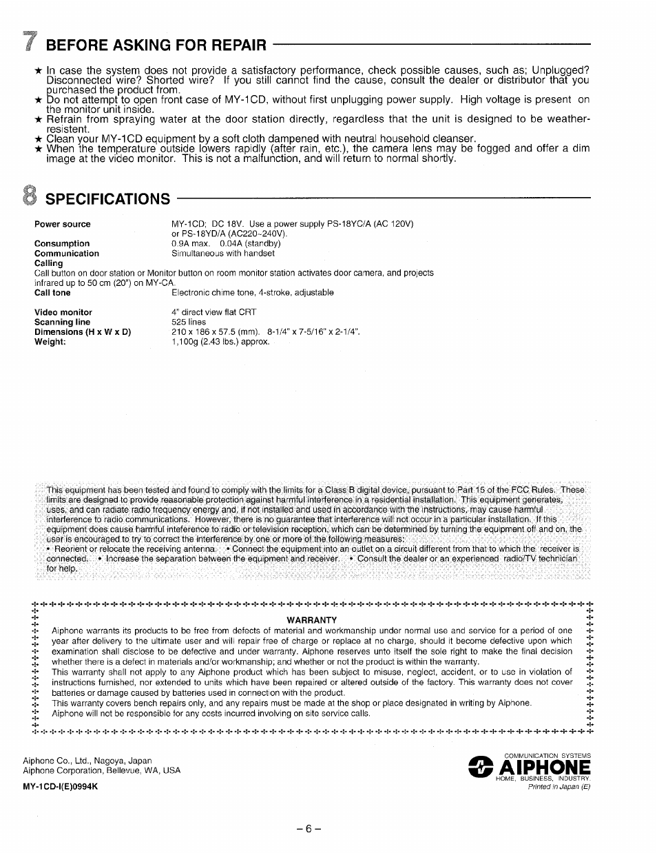 Aiphone, Before asking for repair, Specifications | Aiphone VIDEO SENTRY PANTILT MY-1CD User Manual | Page 6 / 6