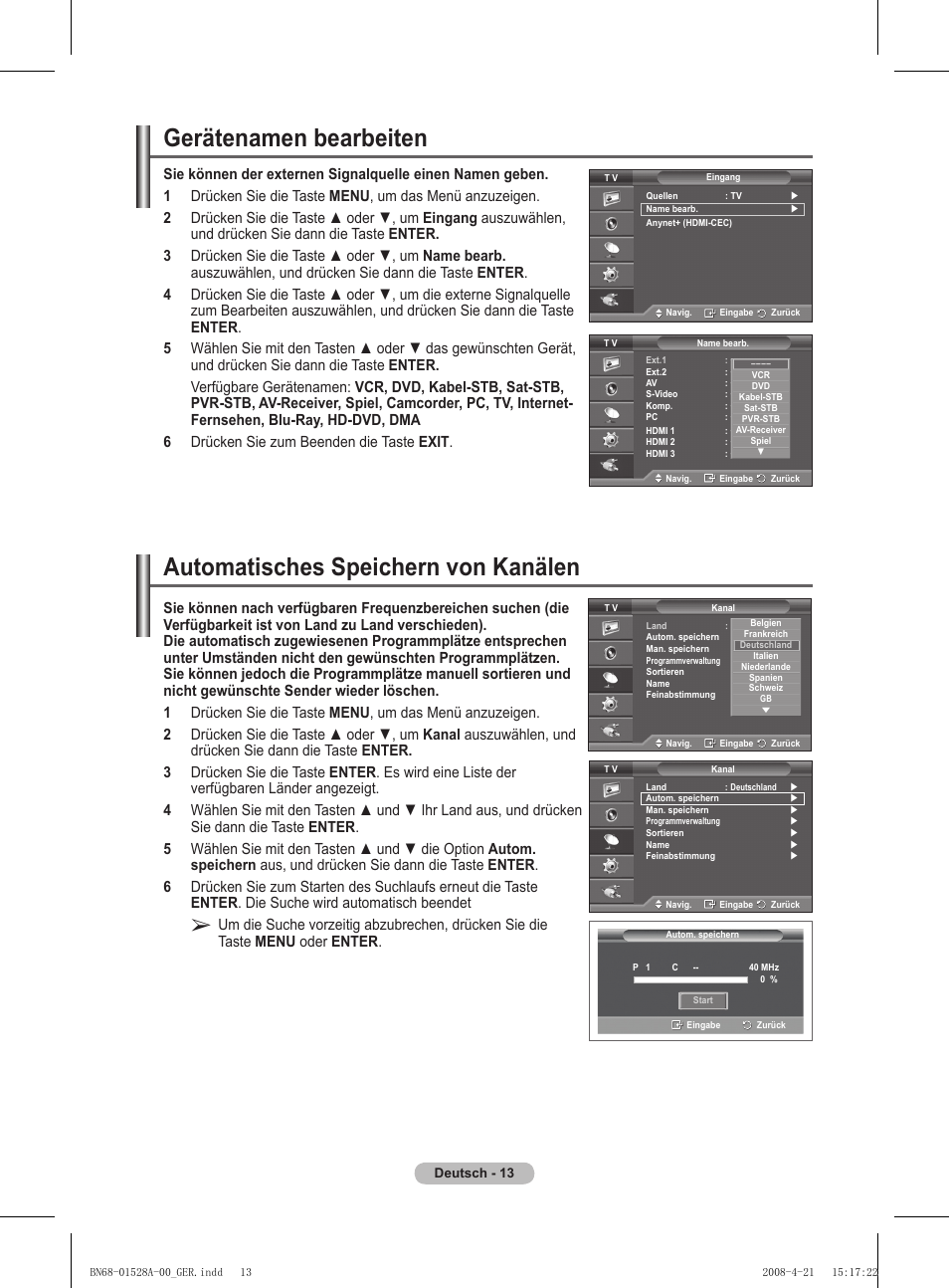 Gerätenamen bearbeiten, Automatisches speichern von kanälen | Samsung PS50A470P1 User Manual | Page 100 / 519