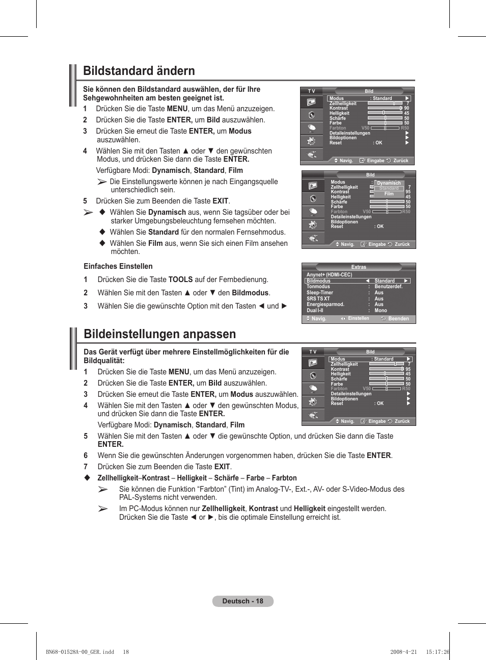 Bildeinstellungen anpassen, Bildstandard ändern, Wählen sie standard für den normalen fernsehmodus | Samsung PS50A470P1 User Manual | Page 105 / 519
