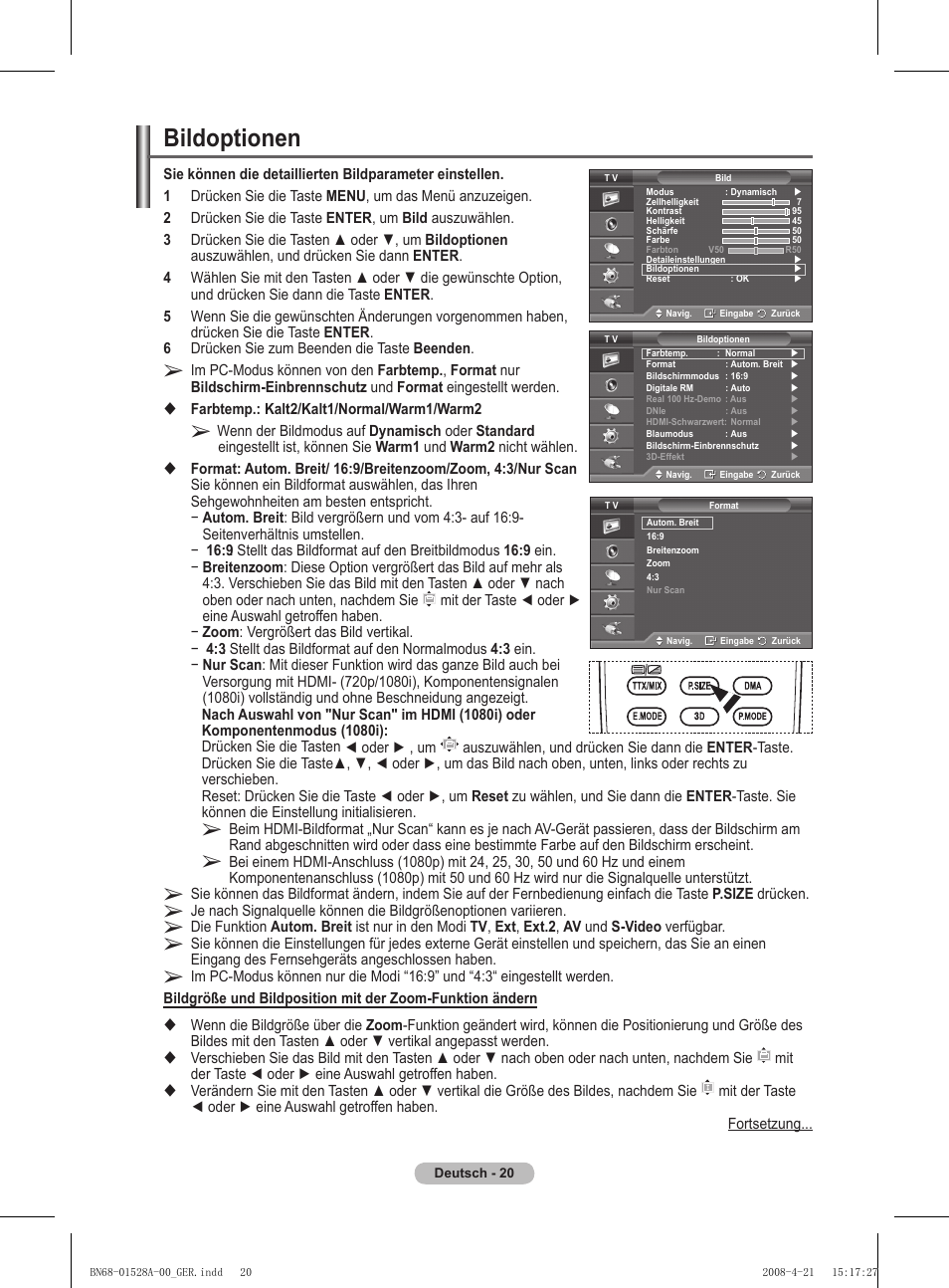 Bildoptionen | Samsung PS50A470P1 User Manual | Page 107 / 519