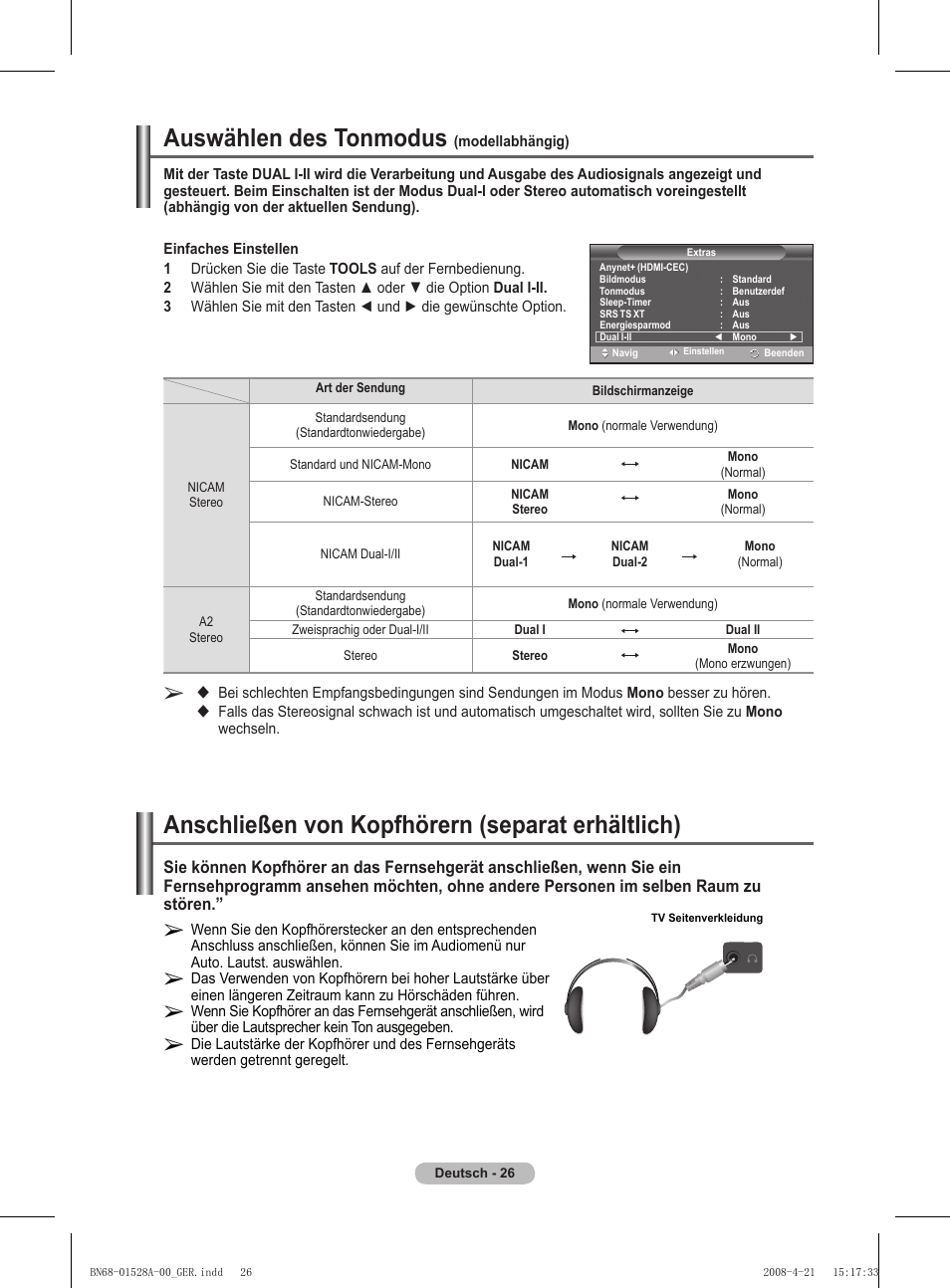 Auswählen des tonmodus, Anschließen von kopfhörern (separat erhältlich) | Samsung PS50A470P1 User Manual | Page 113 / 519