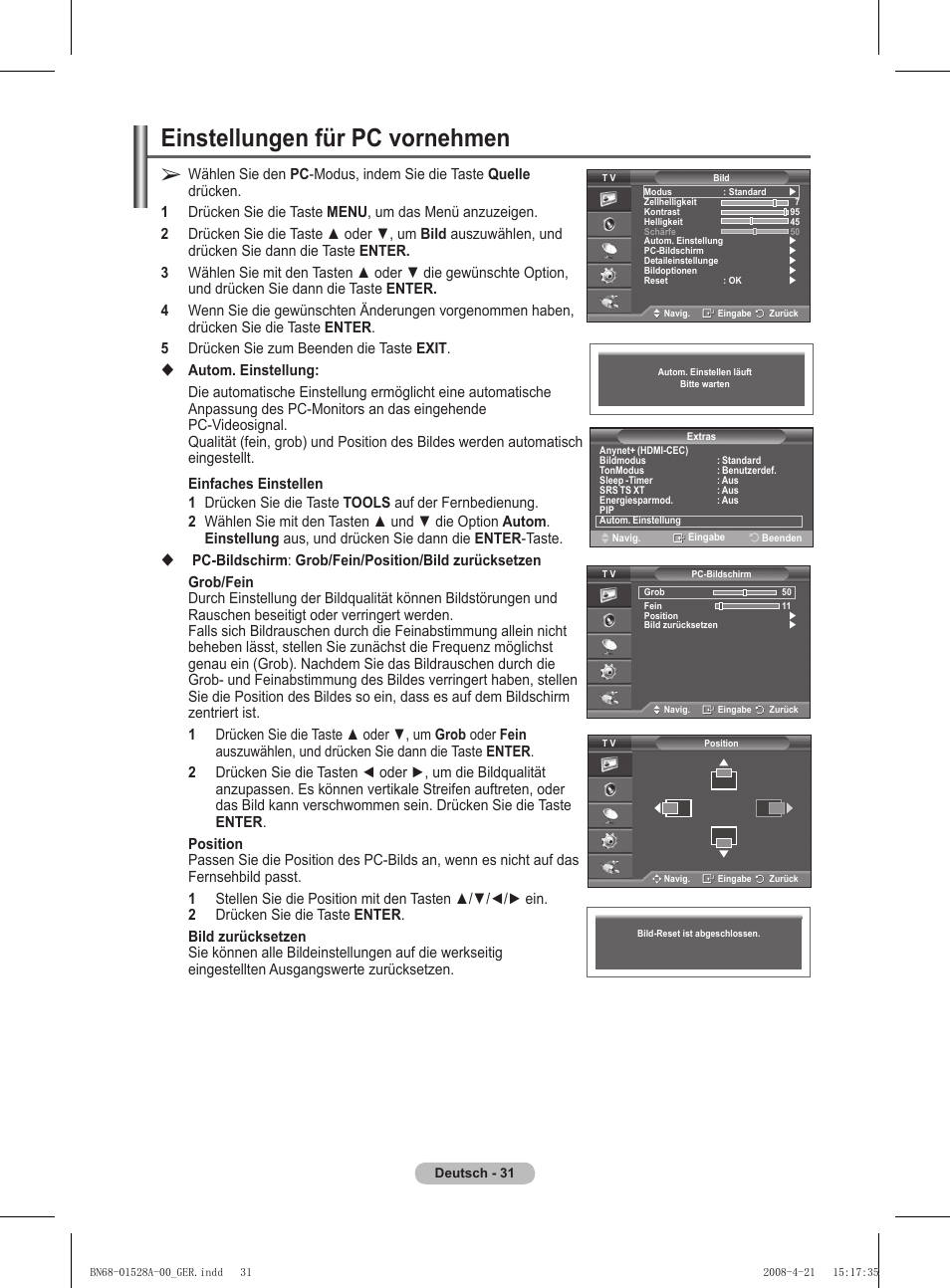 Einstellungen für pc vornehmen | Samsung PS50A470P1 User Manual | Page 118 / 519
