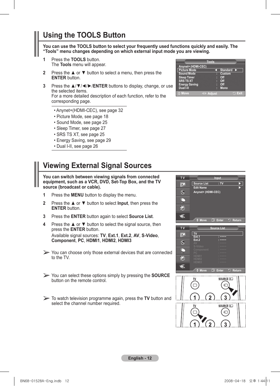 Using the tools button, Viewing external signal sources | Samsung PS50A470P1 User Manual | Page 12 / 519