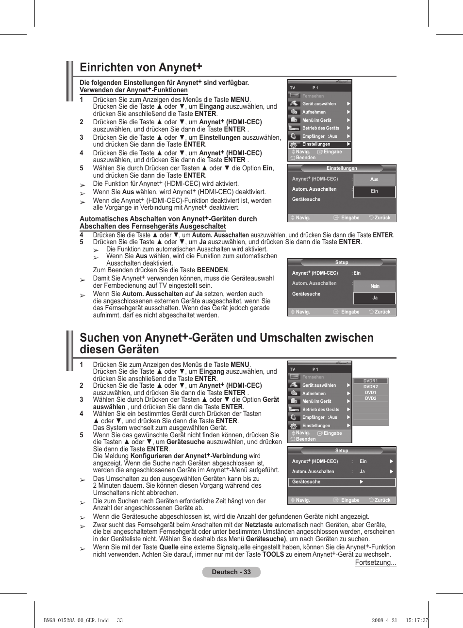 Einrichten von anynet | Samsung PS50A470P1 User Manual | Page 120 / 519