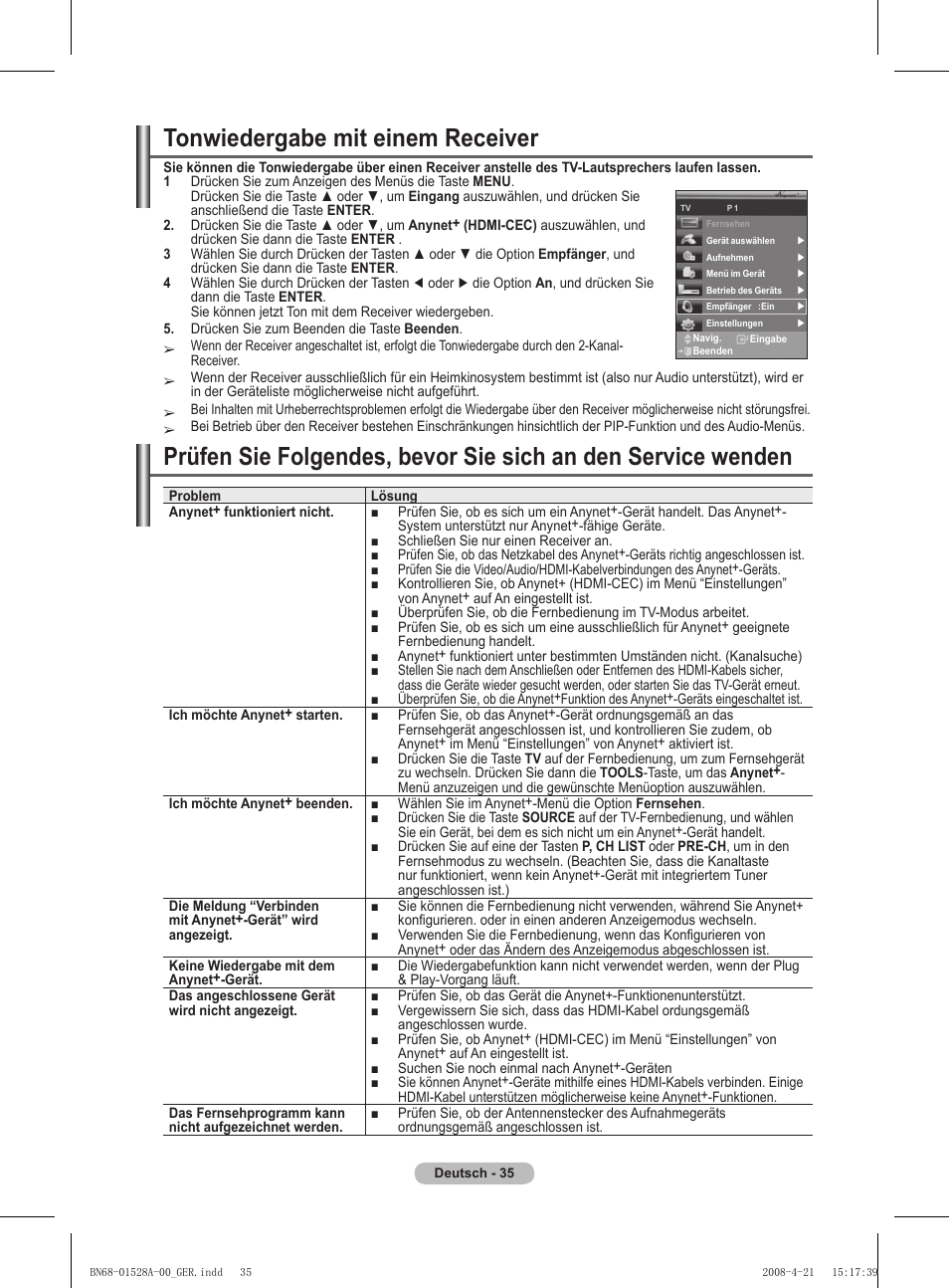Tonwiedergabe mit einem receiver | Samsung PS50A470P1 User Manual | Page 122 / 519