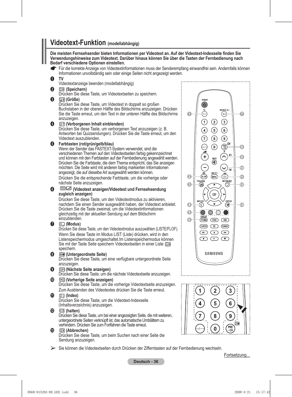 Videotext-funktion | Samsung PS50A470P1 User Manual | Page 123 / 519