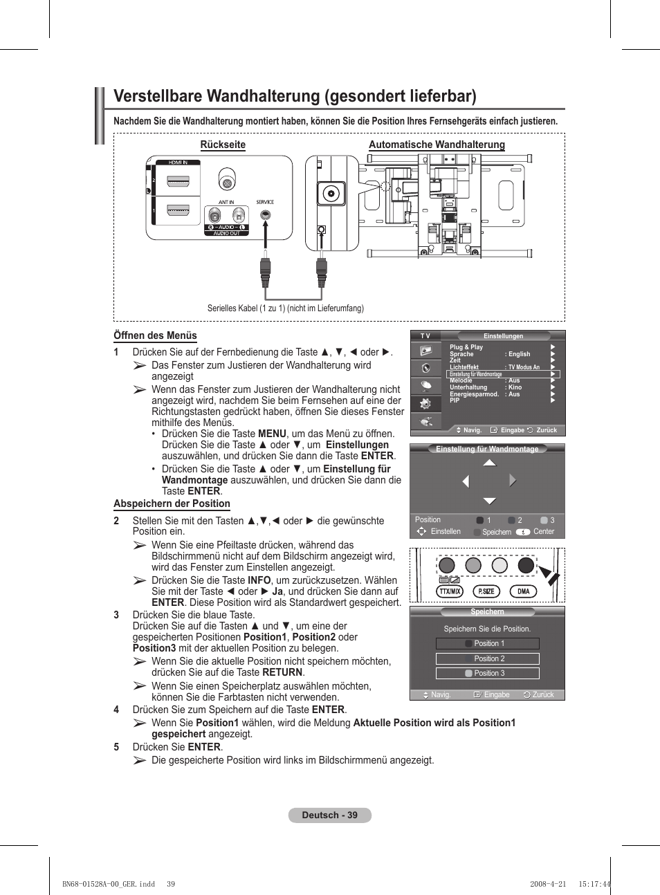 Verstellbare wandhalterung (gesondert lieferbar) | Samsung PS50A470P1 User Manual | Page 126 / 519