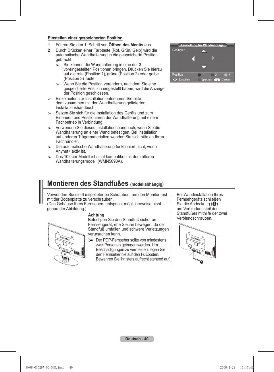 Montieren des standfußes | Samsung PS50A470P1 User Manual | Page 127 / 519
