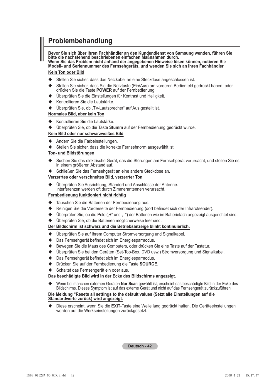 Problembehandlung | Samsung PS50A470P1 User Manual | Page 129 / 519