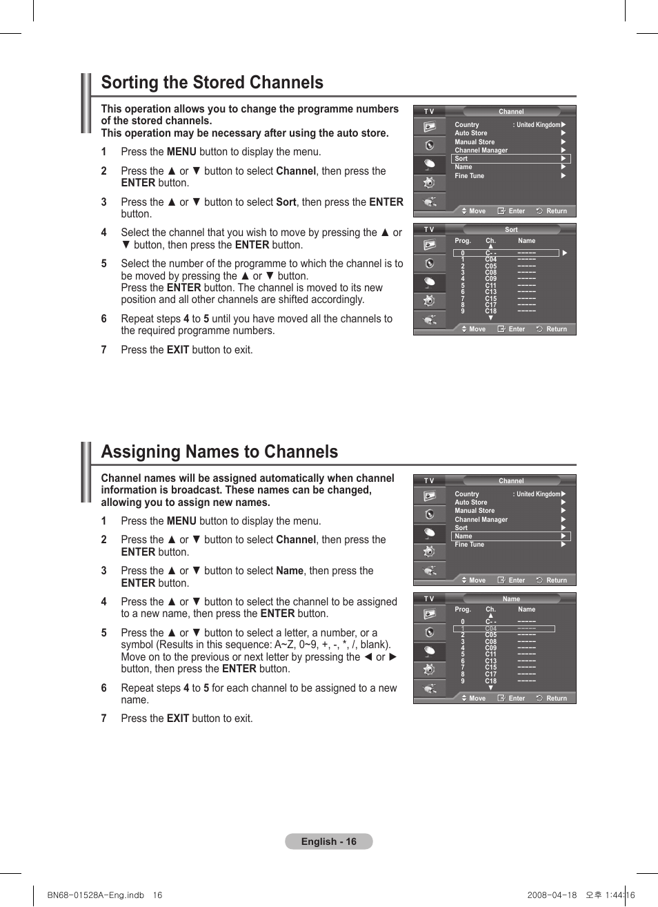 Sorting the stored channels, Assigning names to channels | Samsung PS50A470P1 User Manual | Page 16 / 519