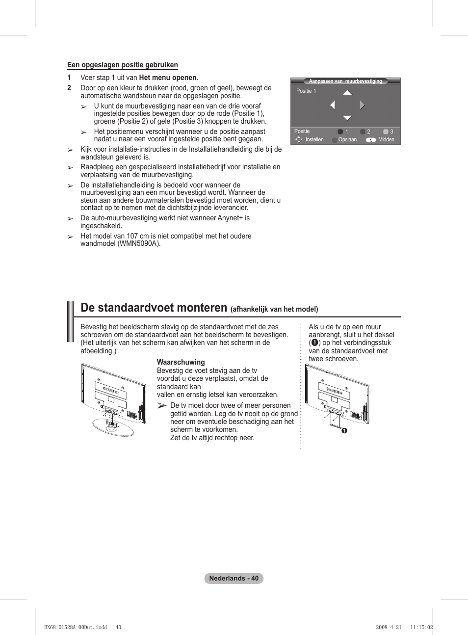 De standaardvoet monteren | Samsung PS50A470P1 User Manual | Page 170 / 519
