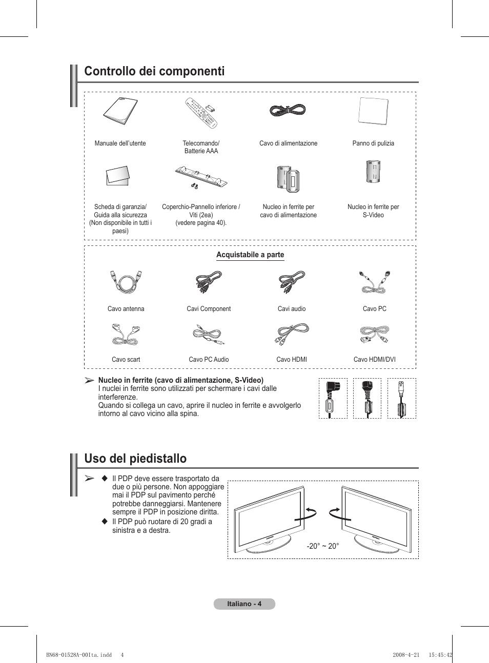 Uso del piedistallo, Controllo dei componenti | Samsung PS50A470P1 User Manual | Page 177 / 519