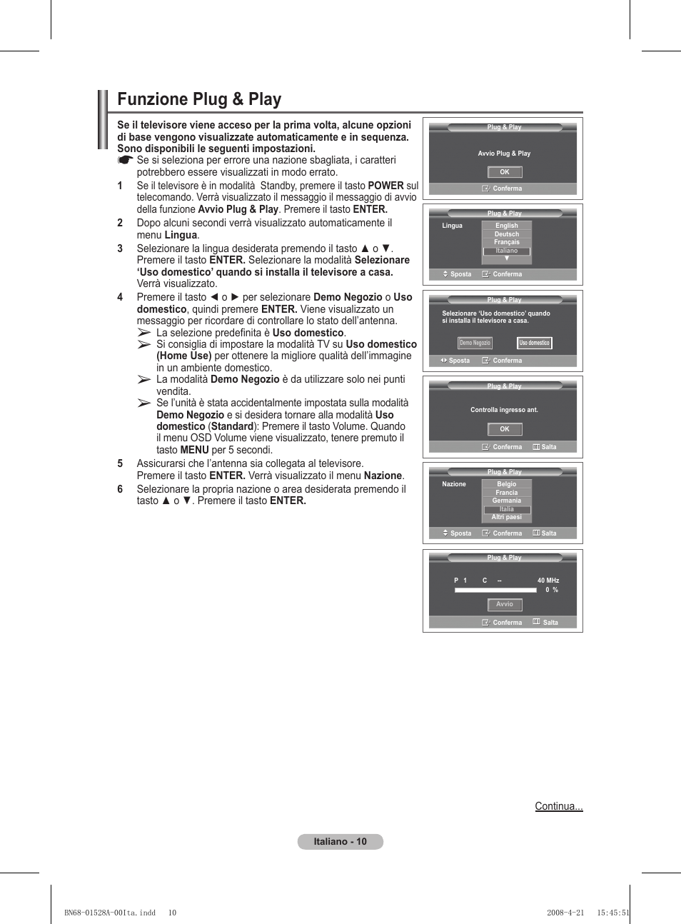 Funzione plug & play | Samsung PS50A470P1 User Manual | Page 183 / 519