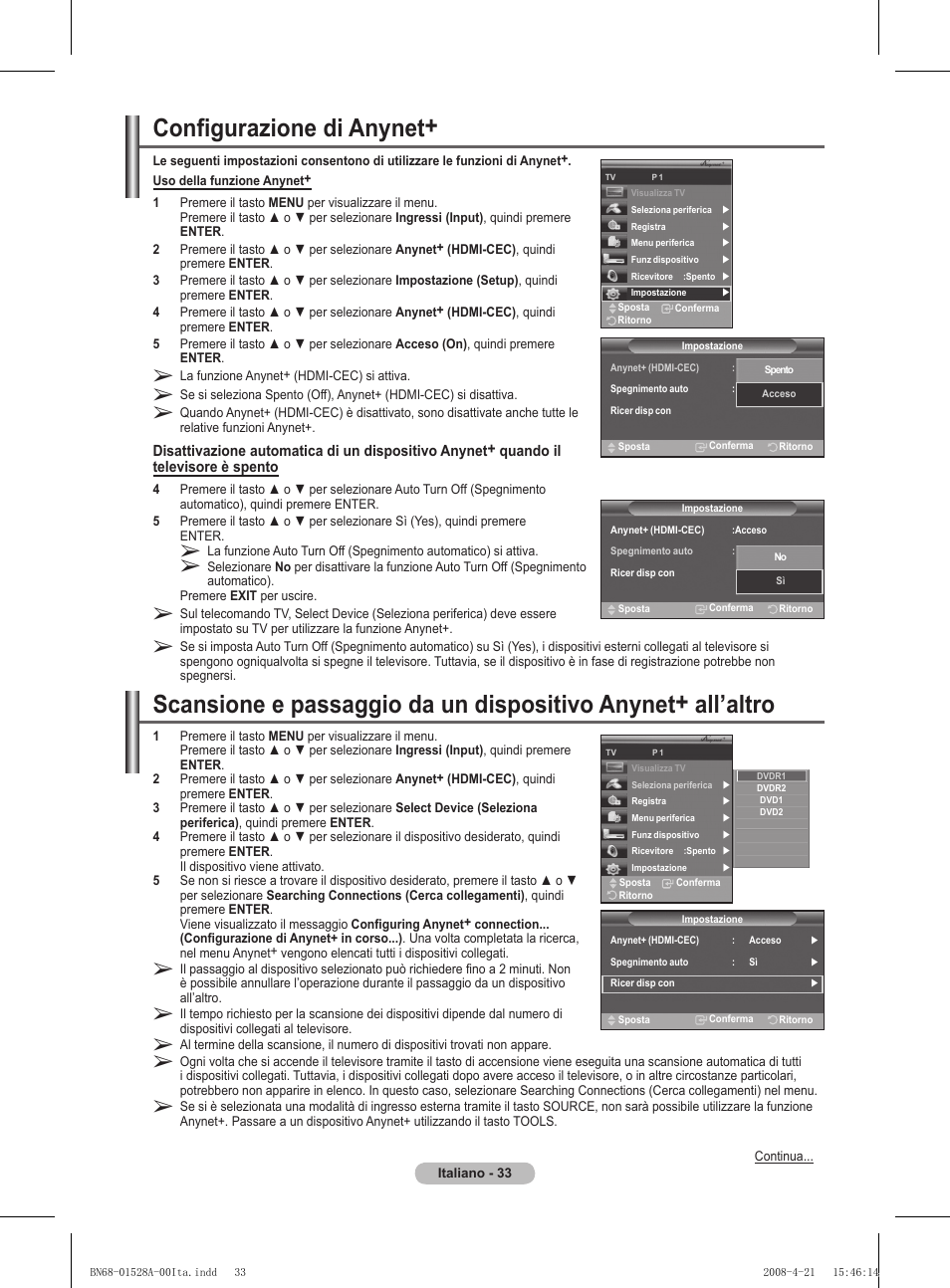 Configurazione di anynet | Samsung PS50A470P1 User Manual | Page 206 / 519