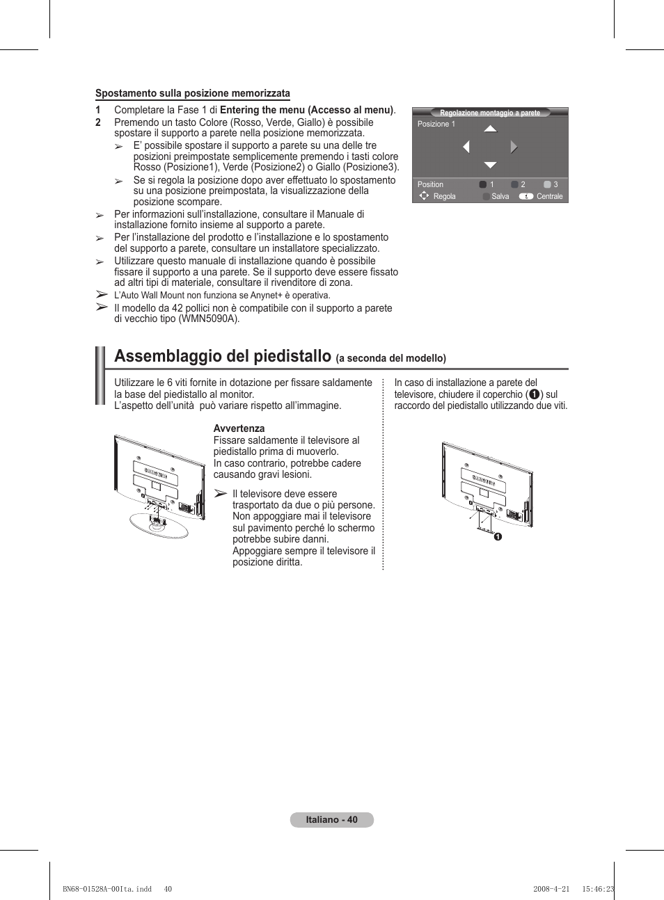 Assemblaggio del piedistallo | Samsung PS50A470P1 User Manual | Page 213 / 519