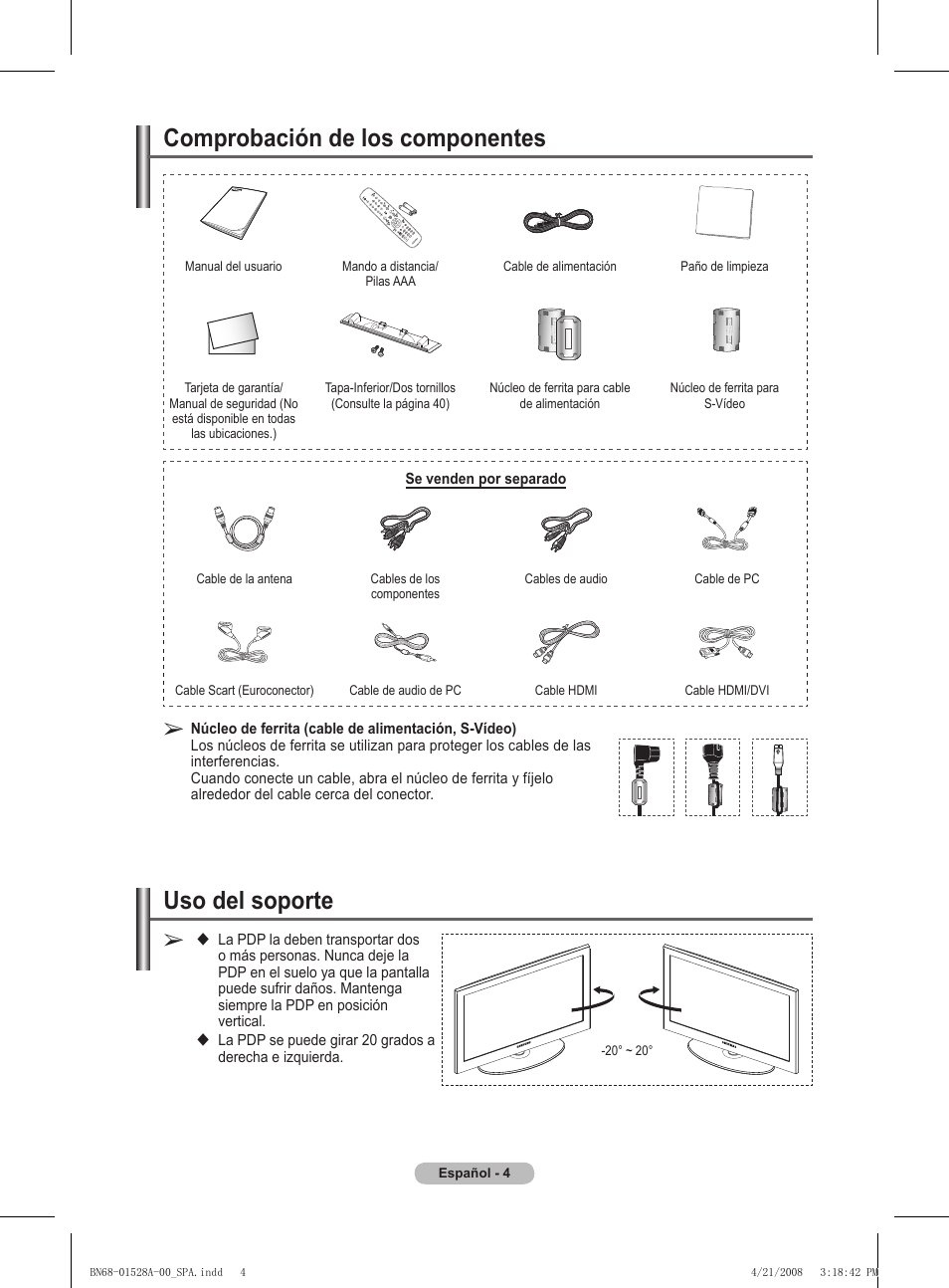 Uso del soporte, Comprobación de los componentes | Samsung PS50A470P1 User Manual | Page 221 / 519