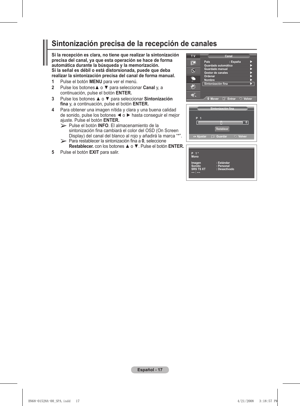 Sintonización precisa de la recepción de canales | Samsung PS50A470P1 User Manual | Page 234 / 519