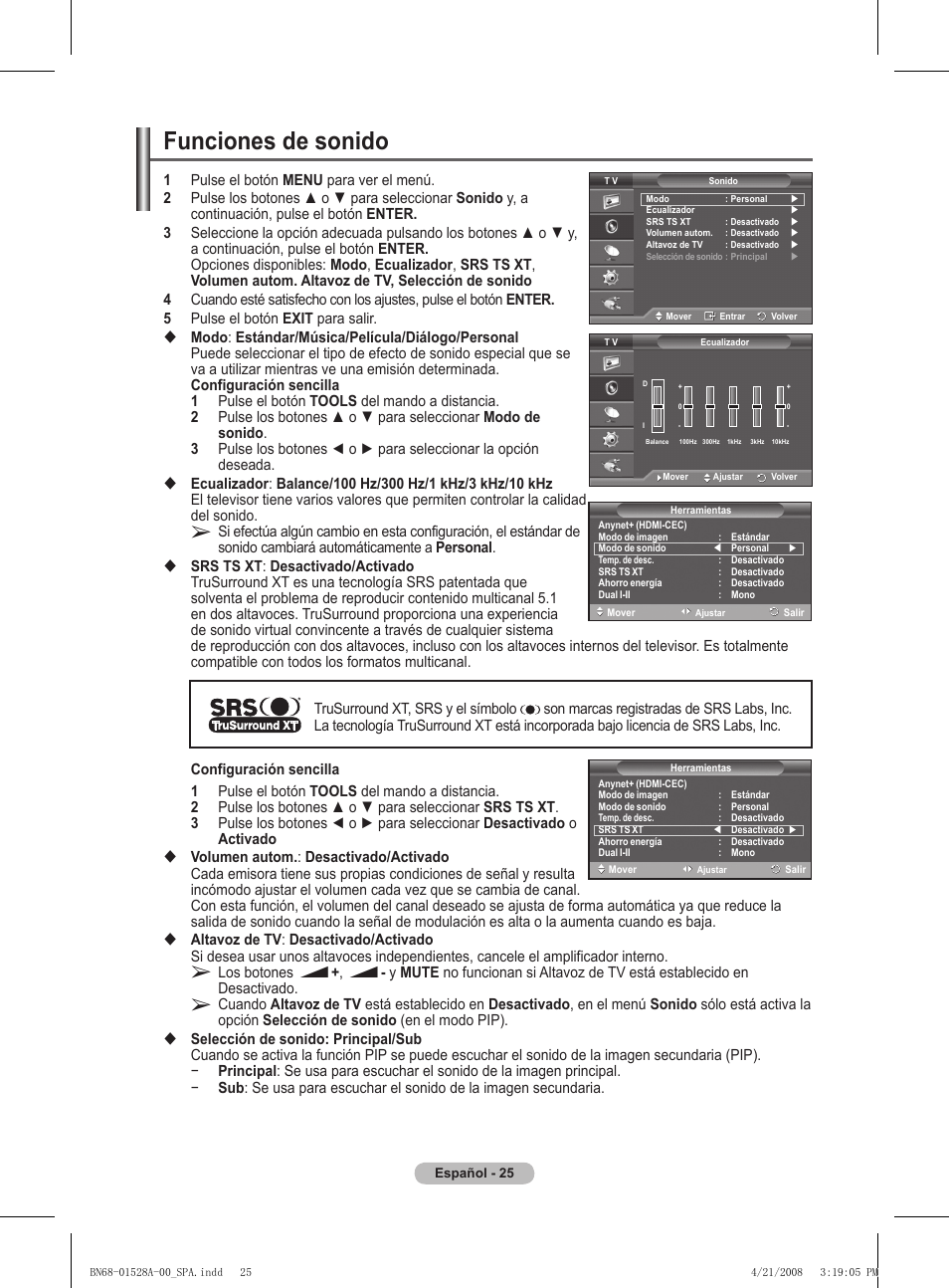 Funciones de sonido | Samsung PS50A470P1 User Manual | Page 242 / 519