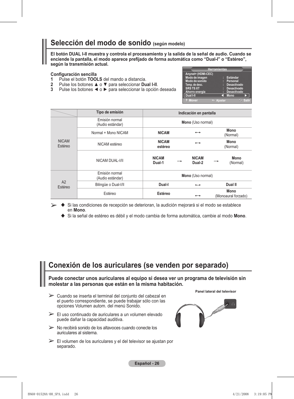 Selección del modo de sonido | Samsung PS50A470P1 User Manual | Page 243 / 519