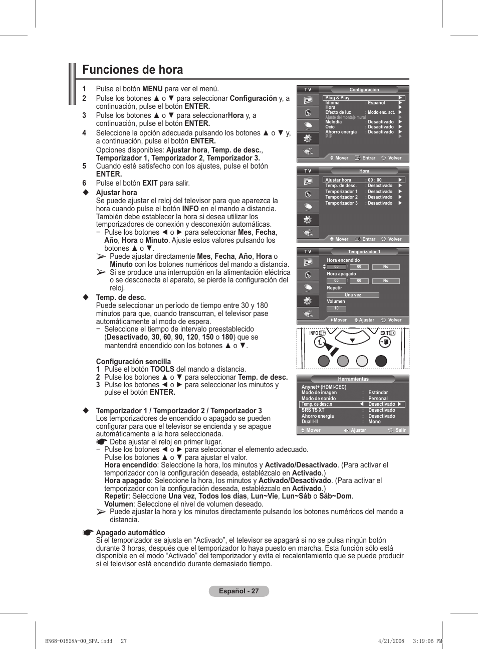 Funciones de hora | Samsung PS50A470P1 User Manual | Page 244 / 519