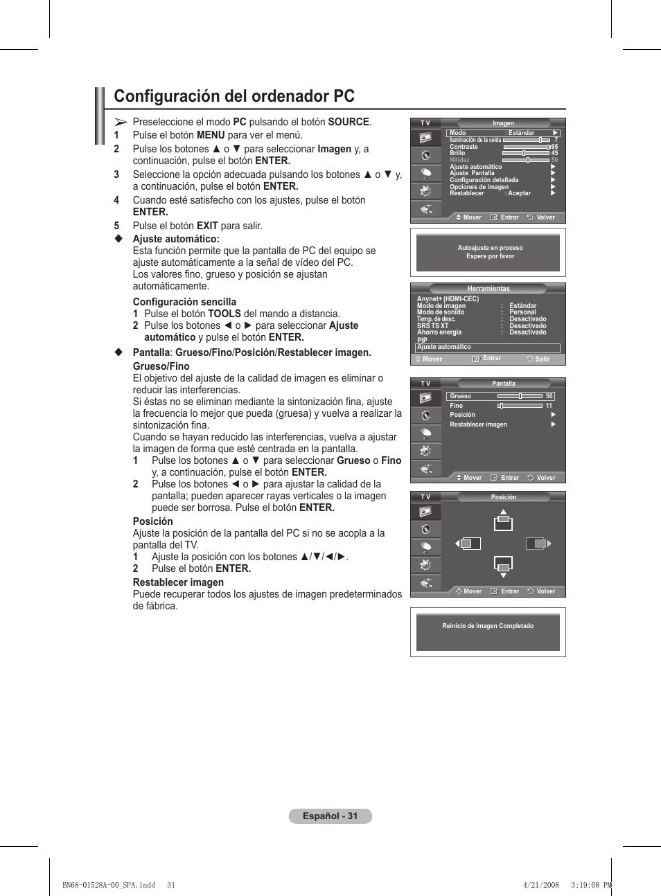 Configuración del ordenador pc | Samsung PS50A470P1 User Manual | Page 248 / 519