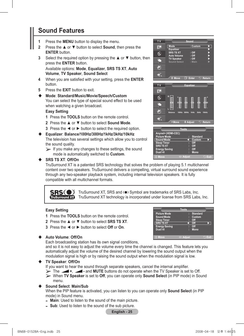 Sound features | Samsung PS50A470P1 User Manual | Page 25 / 519