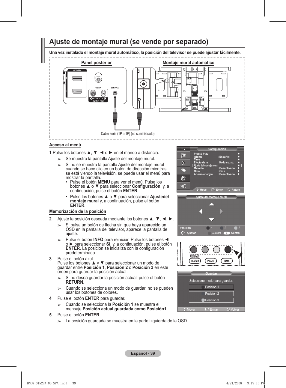 Ajuste de montaje mural (se vende por separado) | Samsung PS50A470P1 User Manual | Page 256 / 519