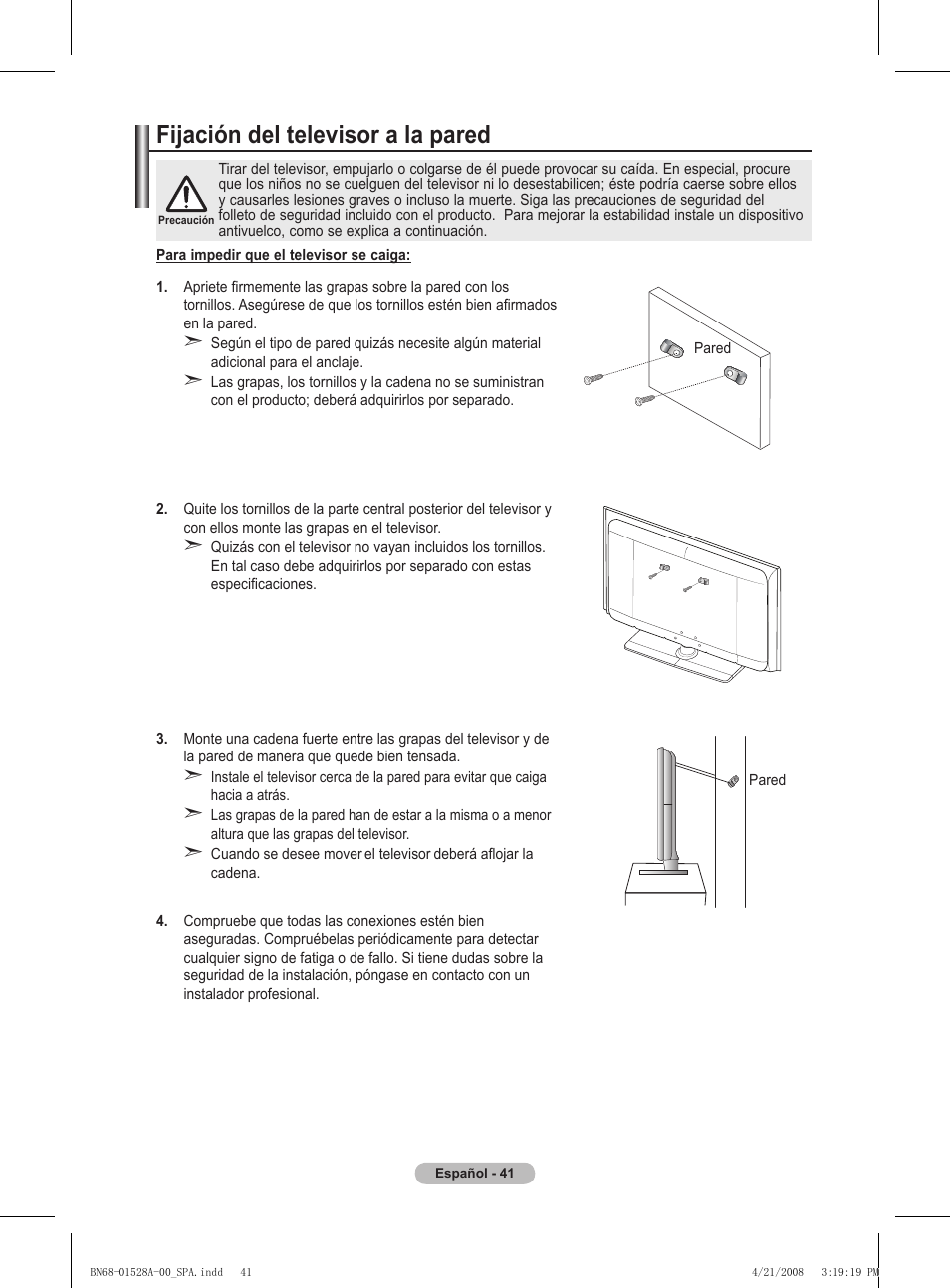 Fijación del televisor a la pared | Samsung PS50A470P1 User Manual | Page 258 / 519