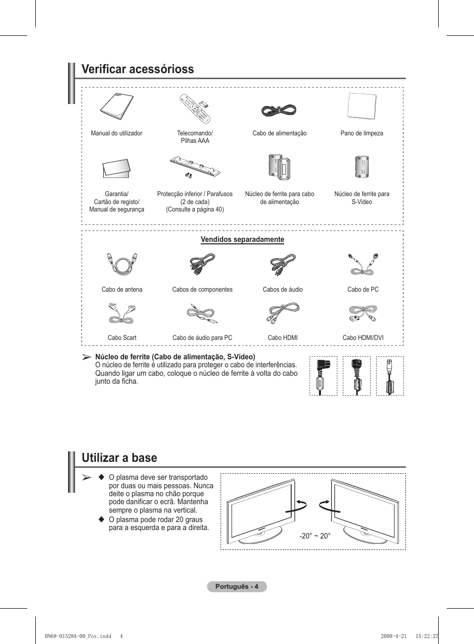 Utilizar a base, Verificar acessórioss | Samsung PS50A470P1 User Manual | Page 264 / 519