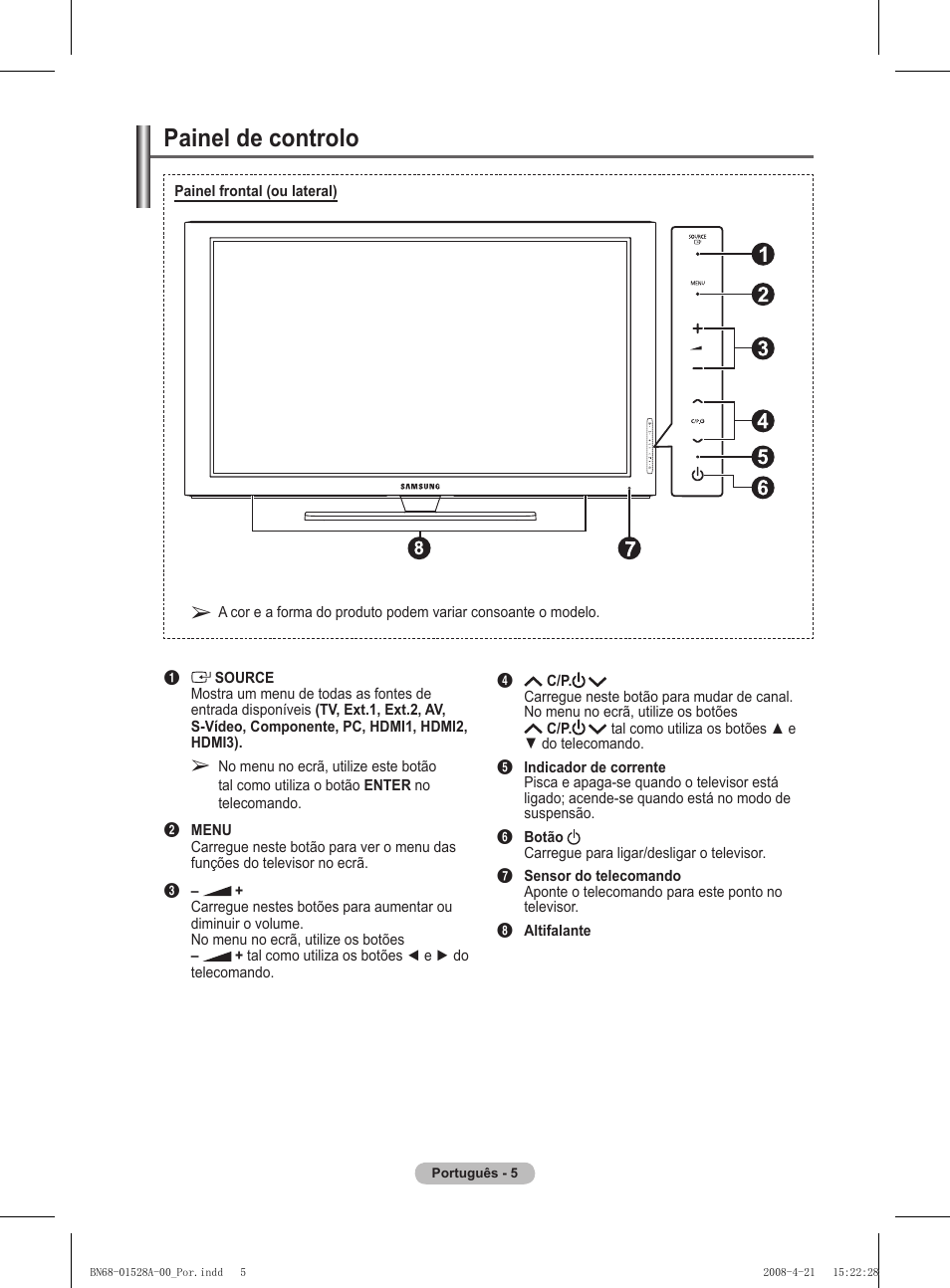 Painel de controlo | Samsung PS50A470P1 User Manual | Page 265 / 519