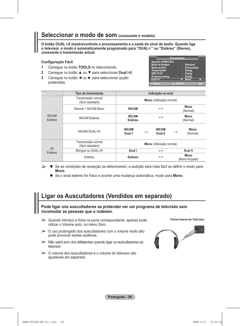 Seleccionar o modo de som, Ligar os auscultadores (vendidos em separado) | Samsung PS50A470P1 User Manual | Page 286 / 519