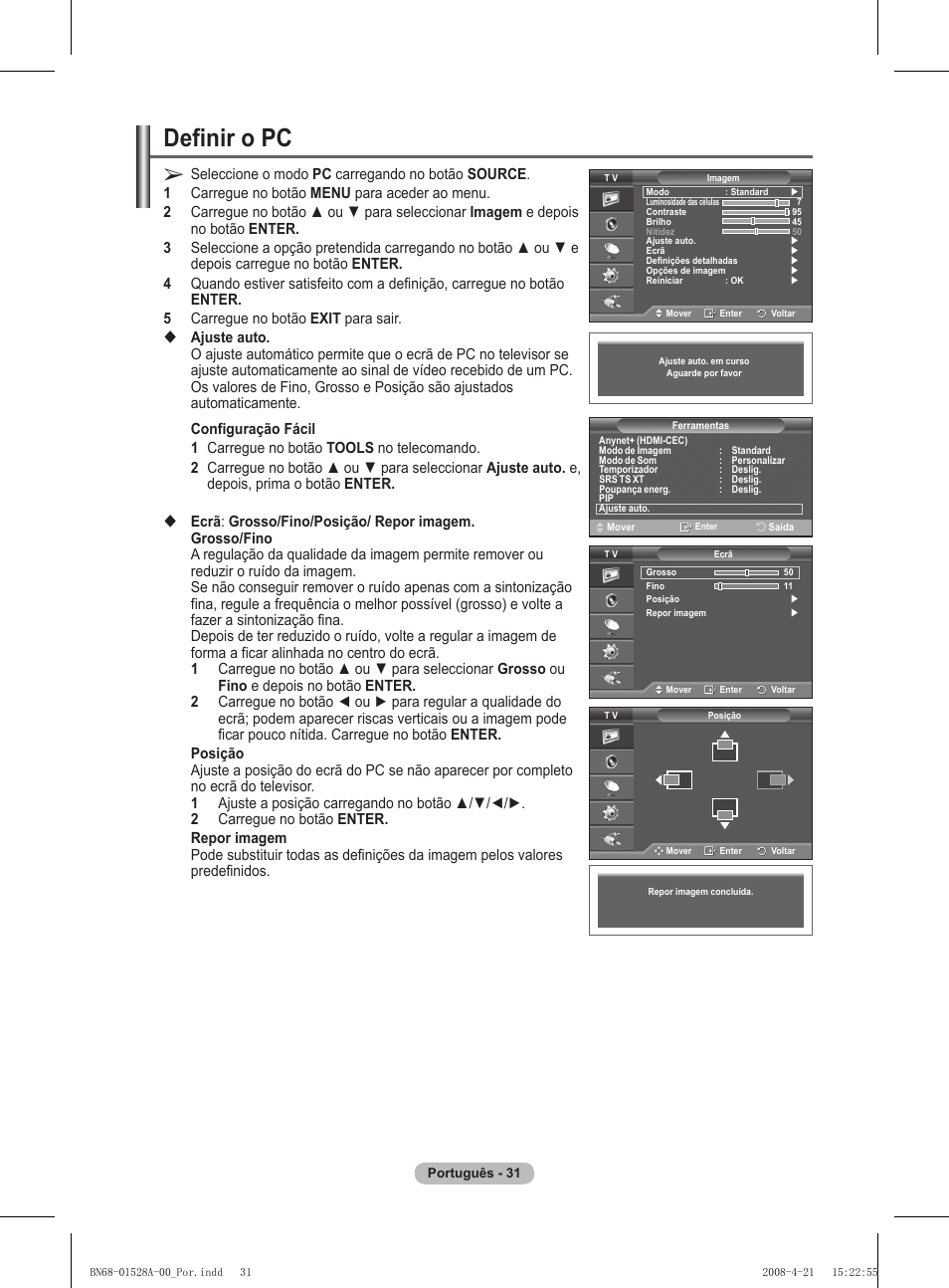 Definir o pc | Samsung PS50A470P1 User Manual | Page 291 / 519