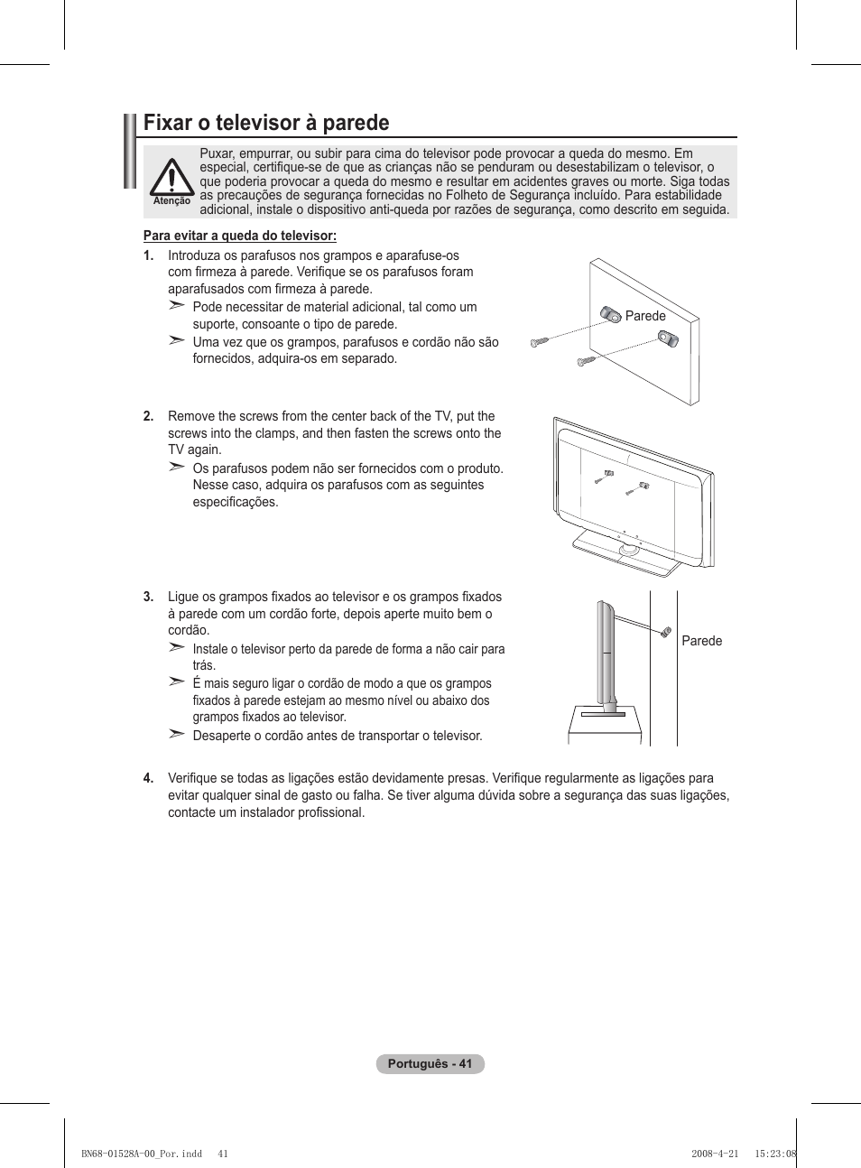 Fixar o televisor à parede | Samsung PS50A470P1 User Manual | Page 301 / 519