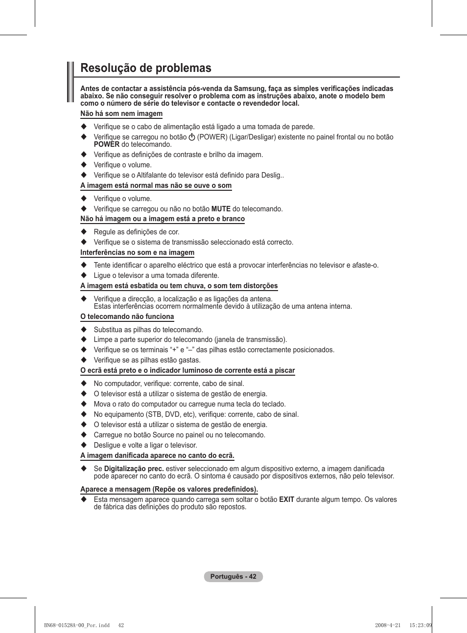 Resolução de problemas | Samsung PS50A470P1 User Manual | Page 302 / 519