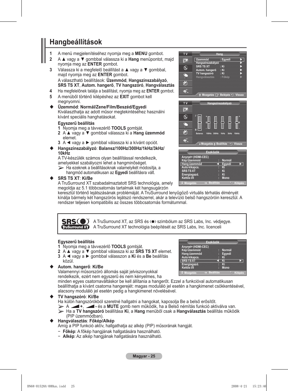 Hangbeállítások | Samsung PS50A470P1 User Manual | Page 328 / 519