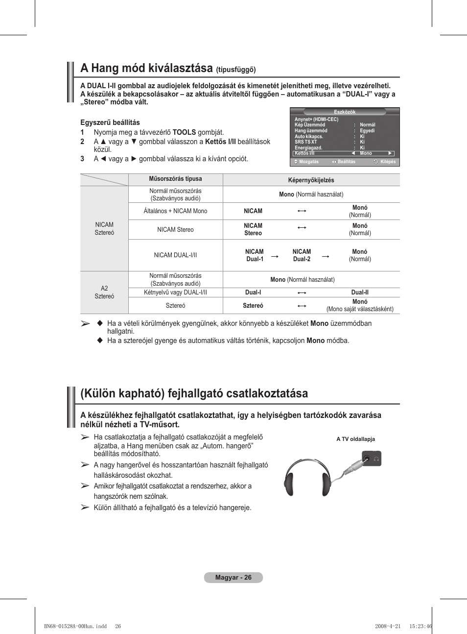A hang mód kiválasztása, Külön kapható) fejhallgató csatlakoztatása | Samsung PS50A470P1 User Manual | Page 329 / 519