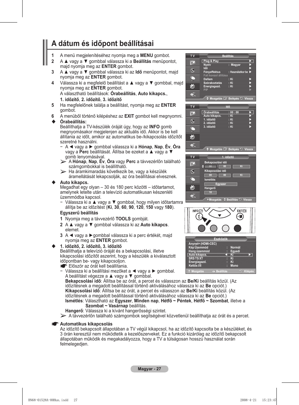 A dátum és időpont beállításai | Samsung PS50A470P1 User Manual | Page 330 / 519