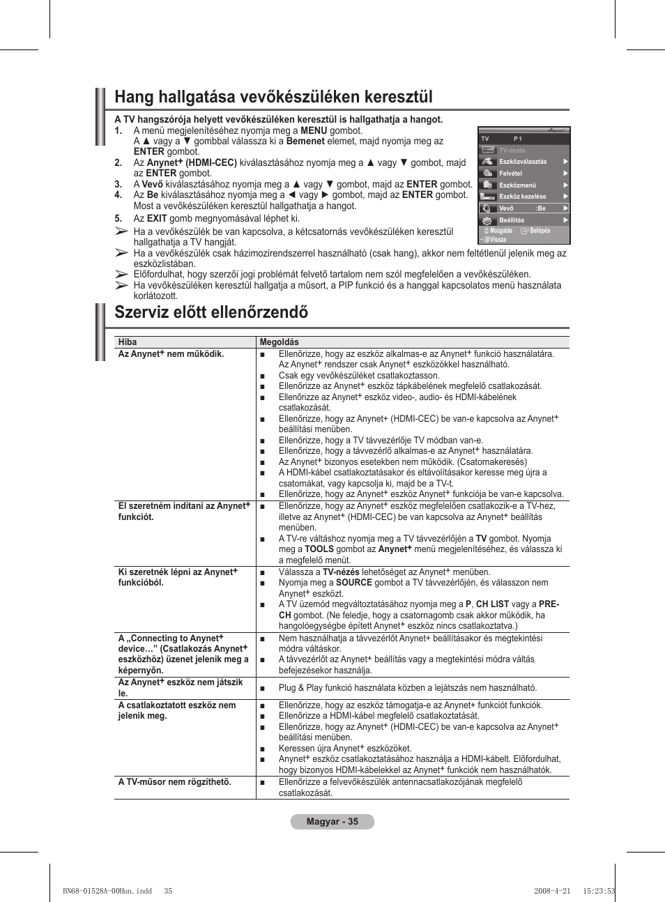 Hang hallgatása vevőkészüléken keresztül, Szerviz előtt ellenőrzendő | Samsung PS50A470P1 User Manual | Page 338 / 519
