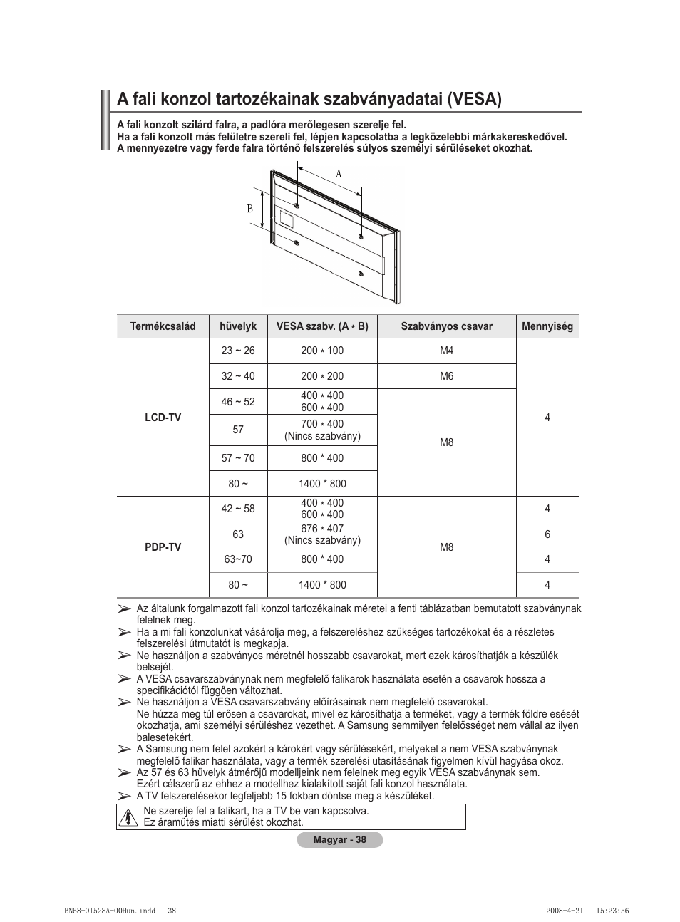 A fali konzol tartozékainak szabványadatai (vesa) | Samsung PS50A470P1 User Manual | Page 341 / 519