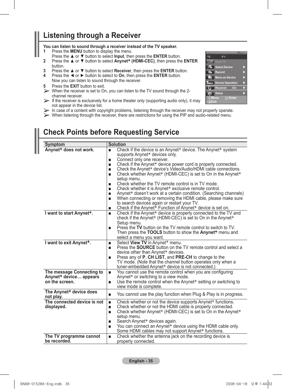 Listening through a receiver, Check points before requesting service | Samsung PS50A470P1 User Manual | Page 35 / 519