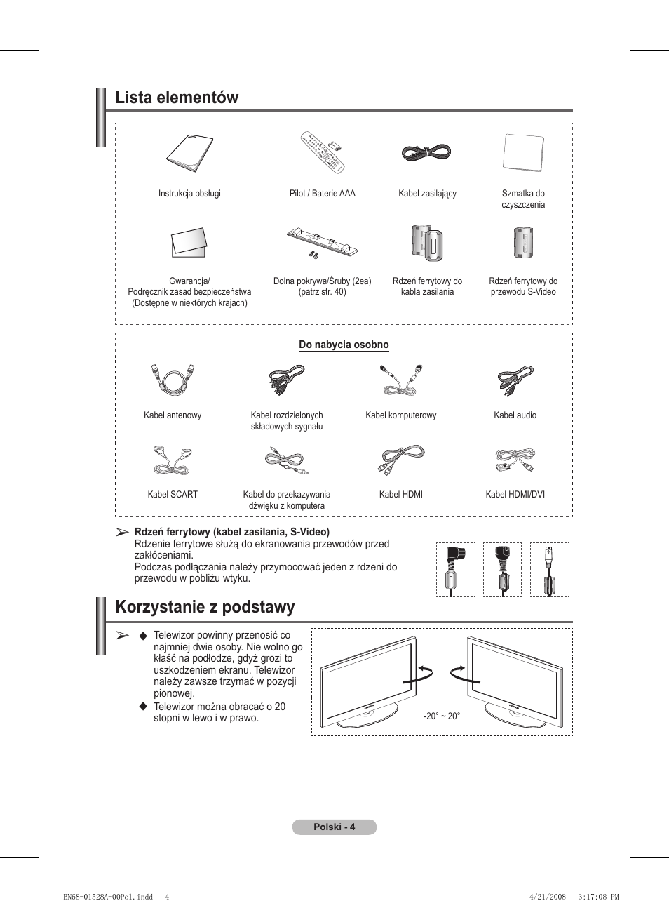 Lista elementów, Korzystanie z podstawy | Samsung PS50A470P1 User Manual | Page 350 / 519